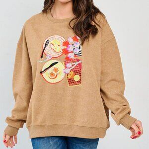 B21 WOMEN'S LONG SLEEVE GRAPHIC PEARL PULLOVER SWEATER ACID WASH MOCHA BROWN NEW